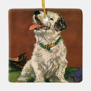 Vintage Animals, Cute Terrier Puppy Chewing Shoes Ceramic Tree Decoration