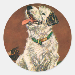 Vintage Animals, Cute Terrier Puppy Chewing Shoes Classic Round Sticker