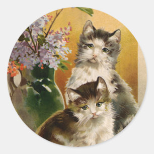 Vintage Animals, Cute Victorian Cats and Flowers Classic Round Sticker