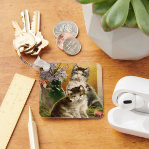 Vintage Animals, Cute Victorian Cats and Flowers Key Ring
