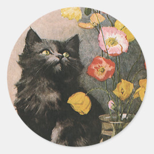 Vintage Animals, Cute Victorian Kitten and Flowers Classic Round Sticker