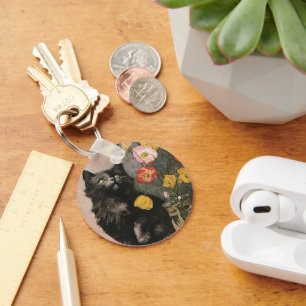 Vintage Animals, Cute Victorian Kitten and Flowers Key Ring