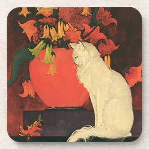 Vintage Animals, Elegant White Cat, Autumn Flowers Coaster