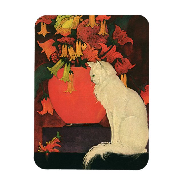 Vintage Animals, Elegant White Cat, Autumn Flowers Magnet (Vertical)