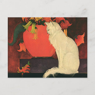 Vintage Animals, Elegant White Cat, Autumn Flowers Postcard