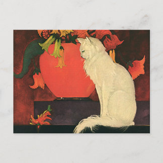 Vintage Animals, Elegant White Cat, Autumn Flowers Postcard