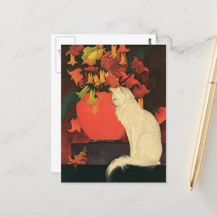 Vintage Animals, Elegant White Cat, Autumn Flowers Postcard