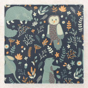 Vintage Animals Floral Seamless Texture Glass Coaster