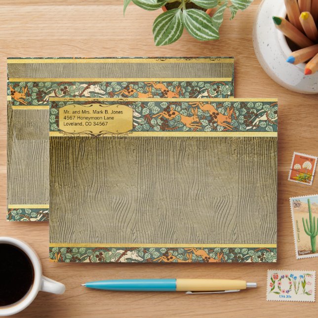 Vintage Animals Hunting Dogs Rabbits Wood Grain Envelopes (Desk)