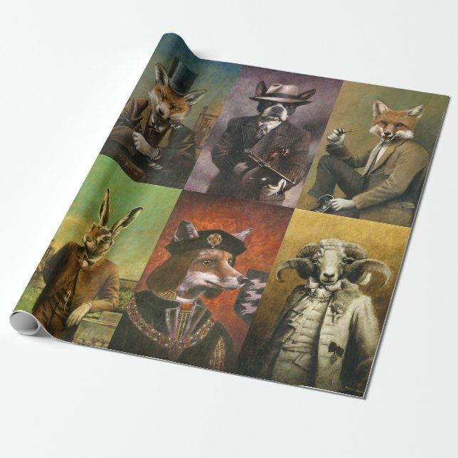 Vintage Animals In Clothes Wrapping Paper (Unrolled)