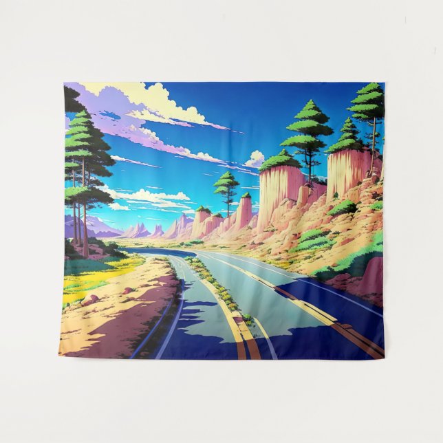Vintage Anime Road Scenery Tapestry (Front (Horizontal))