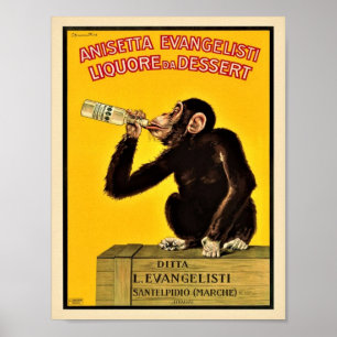 Vintage Anisetta Evangelisti Liquor Monkey Drinkin Poster