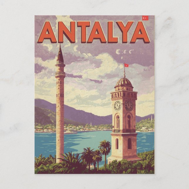 Vintage Antalya Turkey Clock Tower Minaret Travel Postcard (Front)