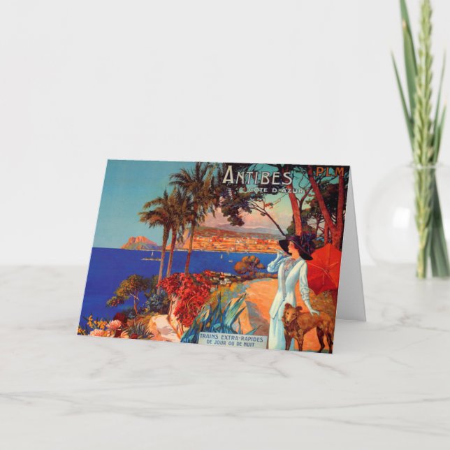 Vintage Antibes Cote D'Azur Woman & Dog Card (Front)