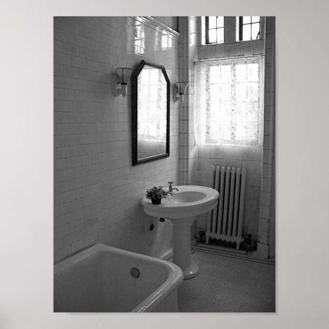 Vintage Antique Bathroom Black And White Photo Poster (Front)