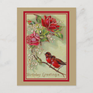 Vintage antique birthday greetings, robins, roses postcard