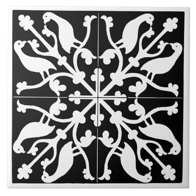 Vintage Antique Black and White Bird Pattern Tile (Front)