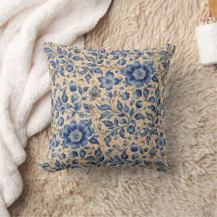 Vintage Antique Blue Indigo & Taupe Cushion