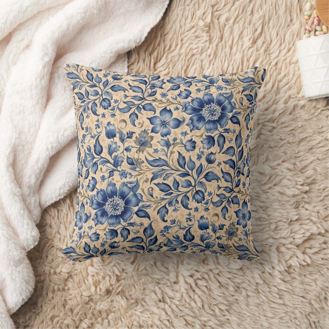 Vintage Antique Blue Indigo & Taupe Cushion (Blanket)