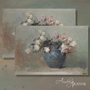 Vintage Antique Blush Pink Rose Bouquet Blue Vase Tissue Paper