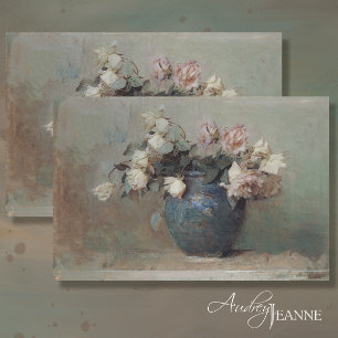 Vintage Antique Blush Pink Rose Bouquet Blue Vase Tissue Paper