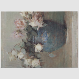 Vintage Antique Blush White Rose Bouquet Blue Vase Tissue Paper