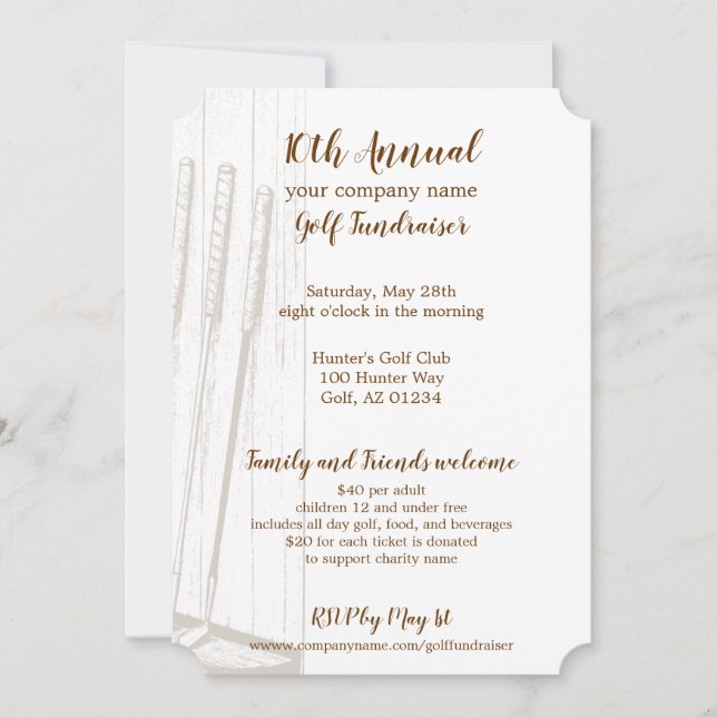Vintage Antique Brown & White Golf Fundraiser Invitation (Front)
