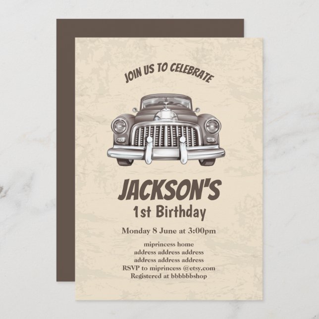 vintage,  antique car birthday invitation (Front/Back)