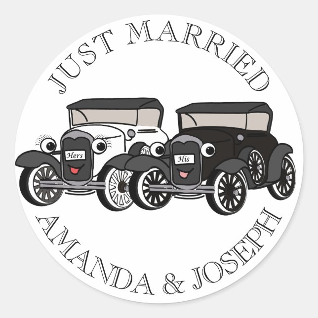 Vintage Antique Car Just Married Classic Round Sticker (Front)