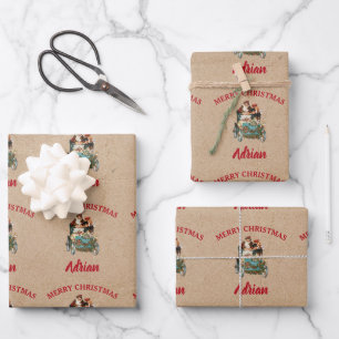 Vintage Antique Christmas Santa Custom Name Kraft Wrapping Paper Sheet