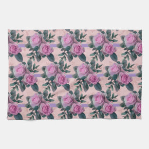 Vintage Antique Damask Pink Roses  Tea Towel