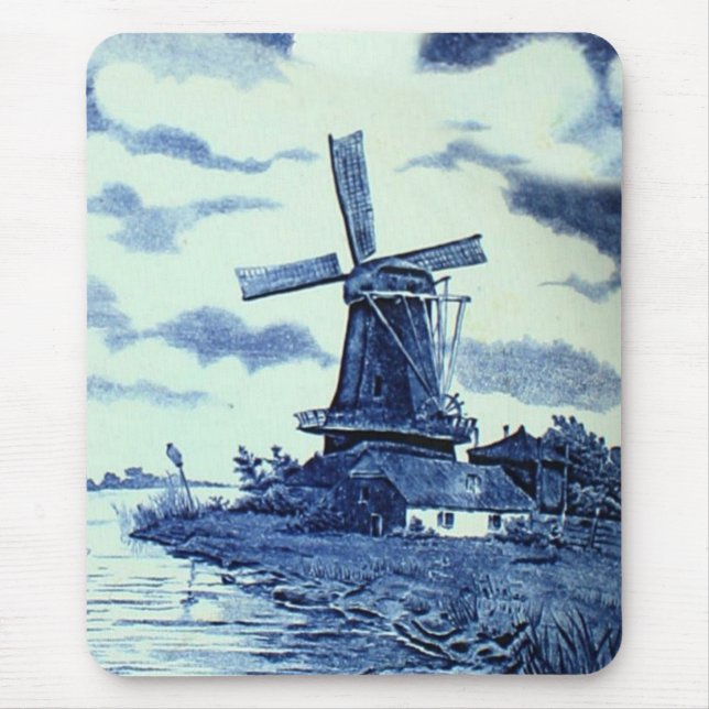Vintage Antique Delft Blue Tile - Windmill Mouse Mat (Front)
