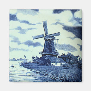 Vintage Antique Delft Blue Tile - Windmill Pinback Magnet