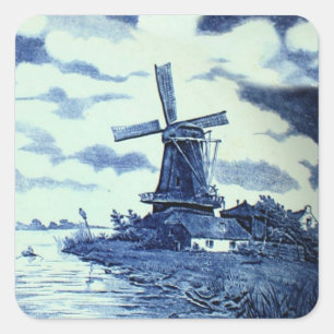 Vintage Antique Delft Blue Tile - Windmill Square Sticker
