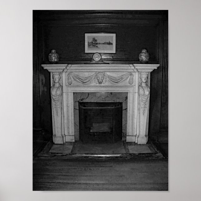 Vintage Antique Fireplace Black And White Photo Poster (Front)