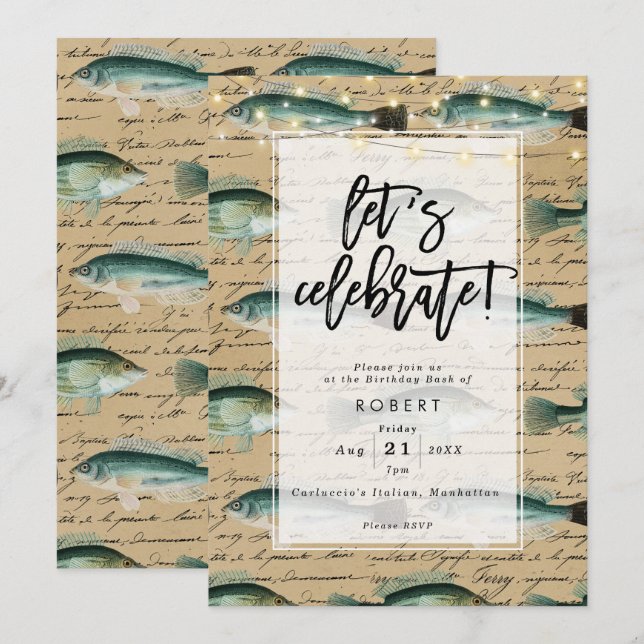 vintage antique fish birthday party invitation (Front/Back)