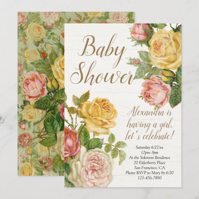 Vintage Antique Floral Girl Baby Shower Invitation (Front/Back)