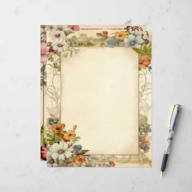 Vintage Antique Floral Junk Journal Stationery (Front/Back In Situ)