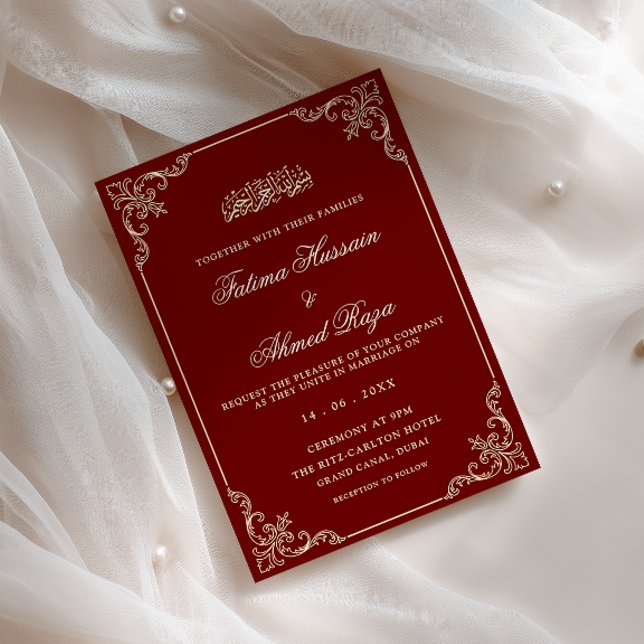 Vintage Antique Frame Burgundy Red Muslim Wedding Invitation (Creator Uploaded)
