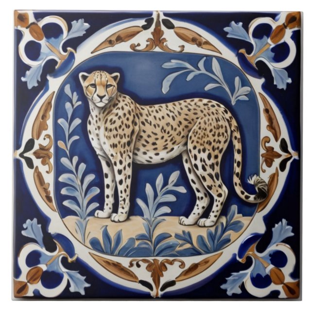 Vintage Antique Leopard Cheetah Navy Blue Tile (Front)