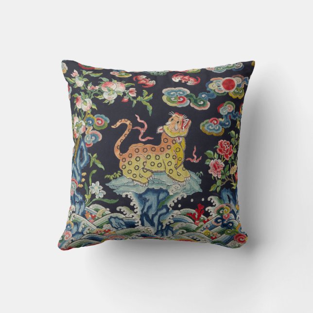 vintage antique leopard flowers embroidery textile cushion (Back)