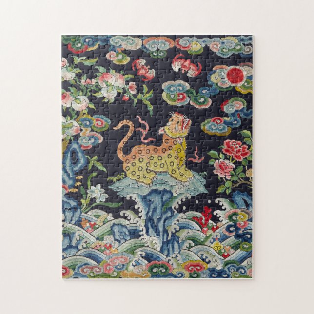 vintage antique leopard flowers embroidery textile jigsaw puzzle (Vertical)