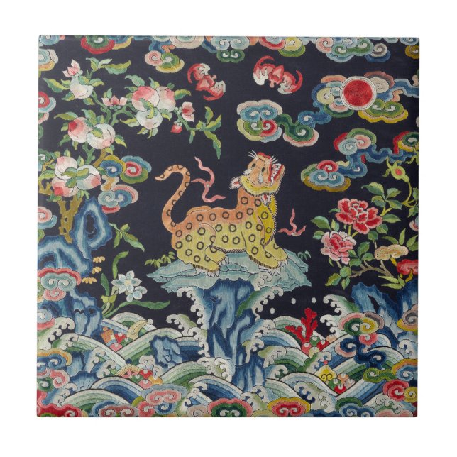 vintage antique leopard flowers embroidery textile tile (Front)