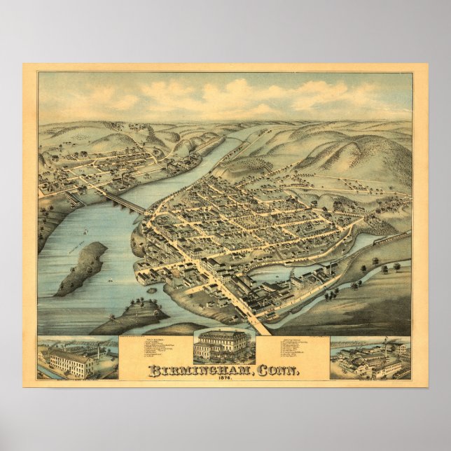 Vintage Antique Map Birmingham Connecticut 1876  Poster (Front)