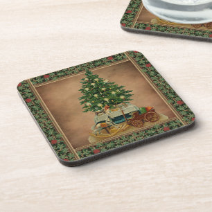 Vintage Antique Merry Christmas Tree Gifts Green Coaster