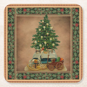 Vintage Antique Merry Christmas Tree Gifts Green   Square Paper Coaster