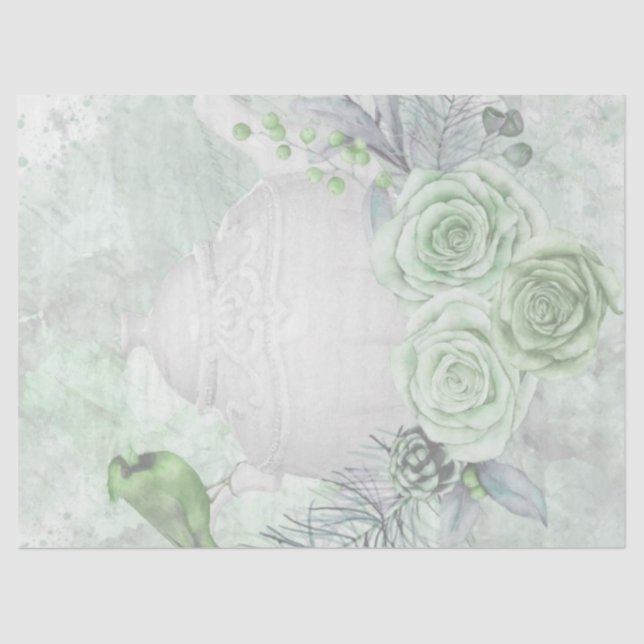 Vintage Antique Mint Rose Bird Decoupage Tissue Paper (Front)