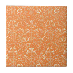 Vintage Antique Orange and White Floral Tile