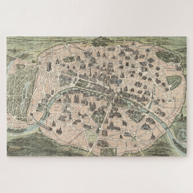 Vintage Antique Paris Street Map Jigsaw Puzzle (Horizontal)