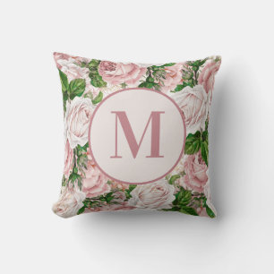 Vintage Antique Pink Flowers Monogram Initial Cushion